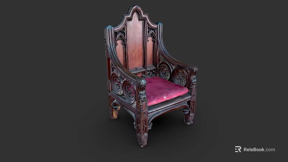 Vintage Wooden Armchair With Intricate Carvings And Pink Cushion Accent 3d model 