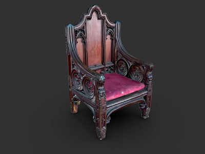 Vintage Wooden Armchair With Intricate Carvings And Pink Cushion Accent 3d model