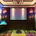 Elegant KTV Lounge Interior With Leather Sofas Chandelier And Decorative Paintings