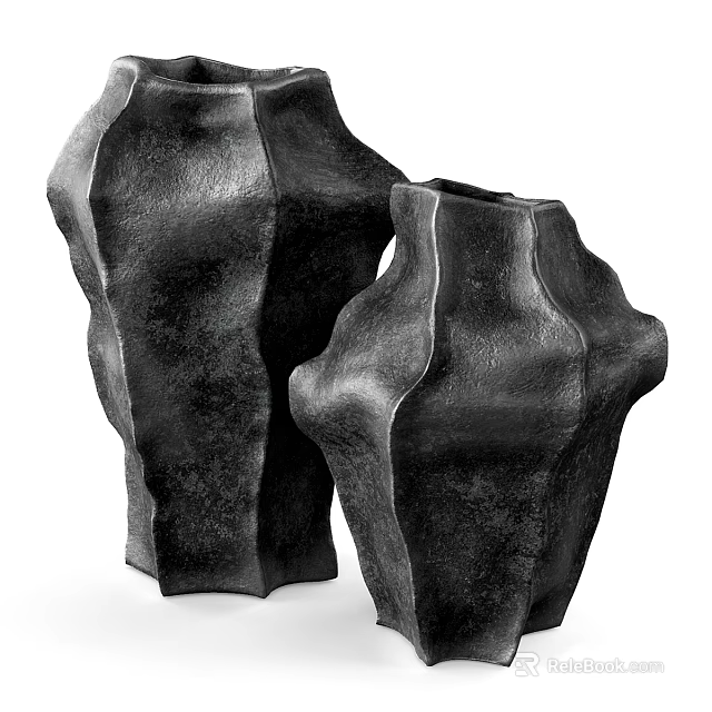 Modern Decorative Vases With Black Textured Surface And Sculptural Irregular Shape 3d model 
