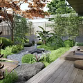 Courtyard Garden With Wooden Floor Round Cushions Stone Coffee Table Maple Tree And Green Plants