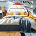 Kids Room Interior Design With Rocket Wall Mural Starry Sky Headboard Desk And Pendant Lights