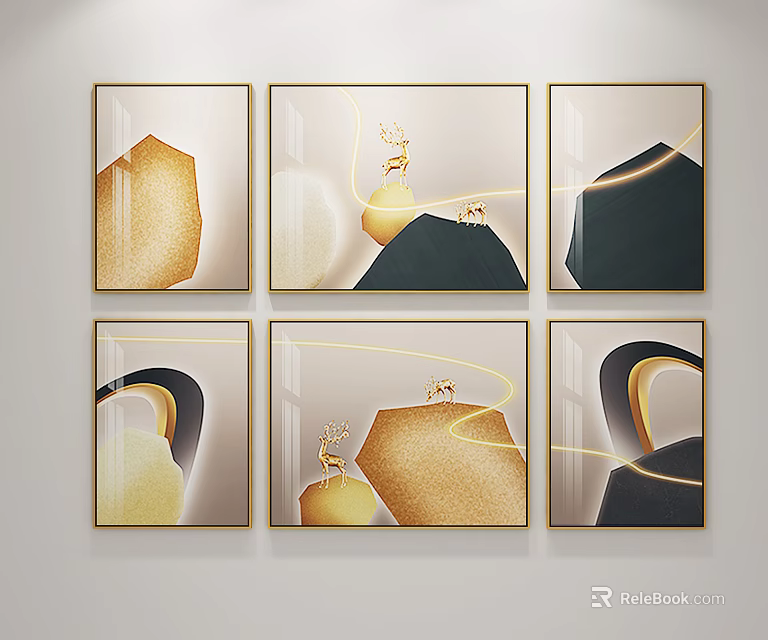 Modern Luxury Six Decorative Paintings With Golden Frames Geometric Patterns Abstract Elements Deer And Lines 3d model