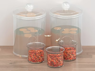 Clear Glass Spice Jars with Lids and Small Containers on Wooden Countertop 3d model