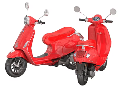 Two Shiny Red Classic Scooter Motorcycles With Chrome Mirrors Headlights And Pedals 3d model