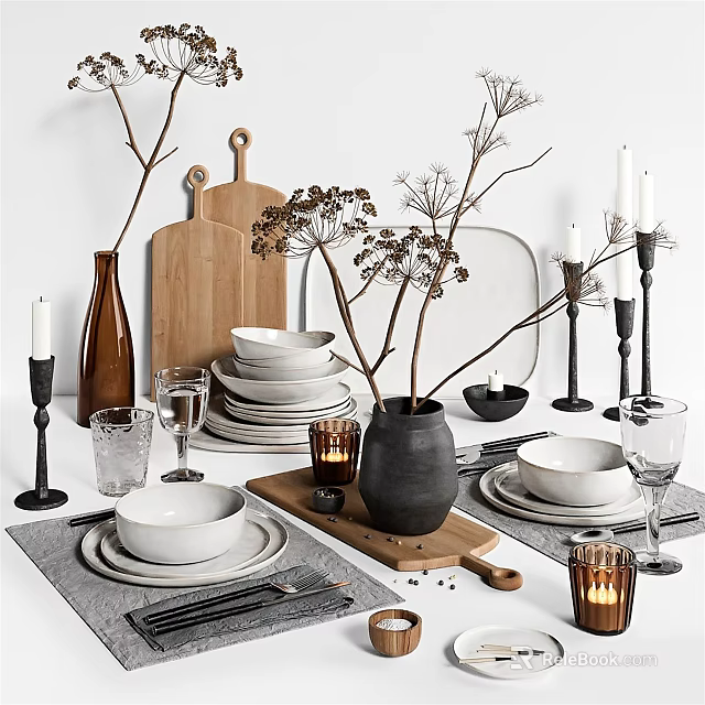 Natural Tableware Set Featuring Bowls Plates Glasses Wooden Boards Dried Flowers And Candles 3d model 