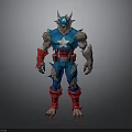 Man In Blue Costume With White Star Red Boots And Wolf Like Features