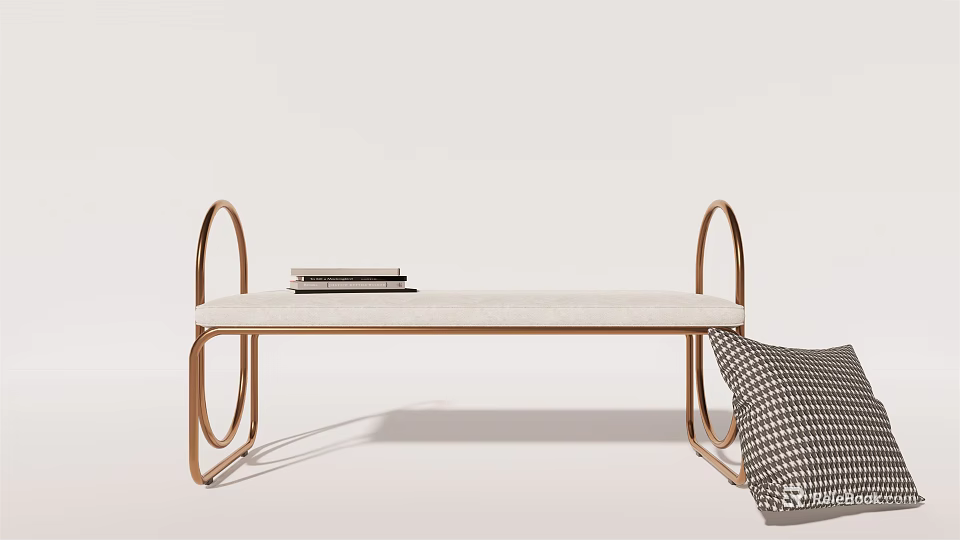 Modern Copper Frame Curved Sofa Bench with White Cushion and Patterned Pillow 3d model 