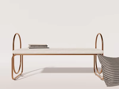 Modern Copper Frame Curved Sofa Bench with White Cushion and Patterned Pillow 3d model