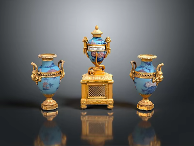 Three Blue Sculpture Carvings With Golden Decorations And Intricate Patterns On Base 3d model