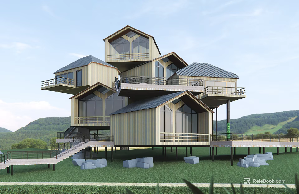 Wooden Mountain Guesthouse With Multi Level Balconies And Green Grassland Surroundings 3d model 