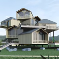 Wooden Mountain Guesthouse With Multi Level Balconies And Green Grassland Surroundings