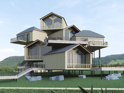 Wooden Mountain Guesthouse With Multi Level Balconies And Green Grassland Surroundings 3d model