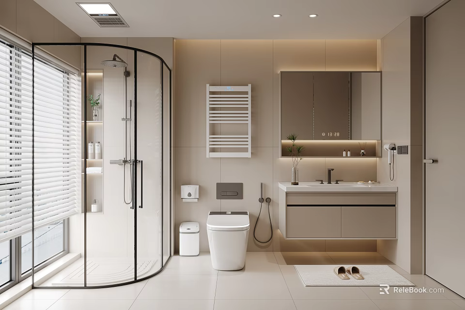 Modern Bathroom Interior With Round Glass Shower Enclosure White Toilet Vanity Mirror And Towel Rack 3d model 