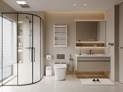 Modern Bathroom Interior With Round Glass Shower Enclosure White Toilet Vanity Mirror And Towel Rack 3d model