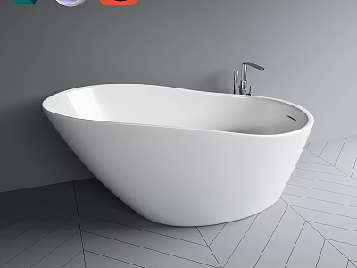 White Freestanding Bathtub With Silver Faucet On Gray Herringbone Floor And Gray Wall 3d model
