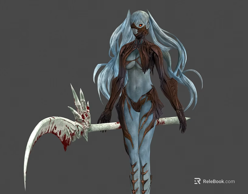 Mystical Game Movie Character With Blue Long Hair Red Eye And Bloody Spiked Scythe 3d model 