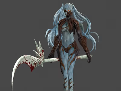 Mystical Game Movie Character With Blue Long Hair Red Eye And Bloody Spiked Scythe 3d model