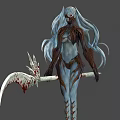 Mystical Game Movie Character With Blue Long Hair Red Eye And Bloody Spiked Scythe