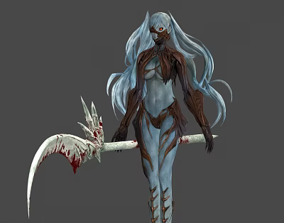 Mystical Game Movie Character With Blue Long Hair Red Eye And Bloody Spiked Scythe 3d model