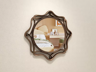 Ornate Round Wall Mirror with Decorative Bronze Frame Reflecting Bedroom Bed and Nightstand 3d model