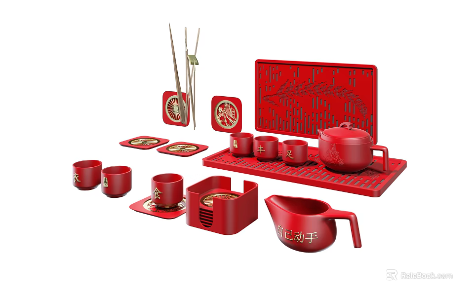 Traditional Red Tea Table Set With Carved Tray Cups And Teapot 3d model 