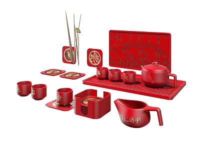 Traditional Red Tea Table Set With Carved Tray Cups And Teapot 3d model