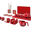 Traditional Red Tea Table Set With Carved Tray Cups And Teapot