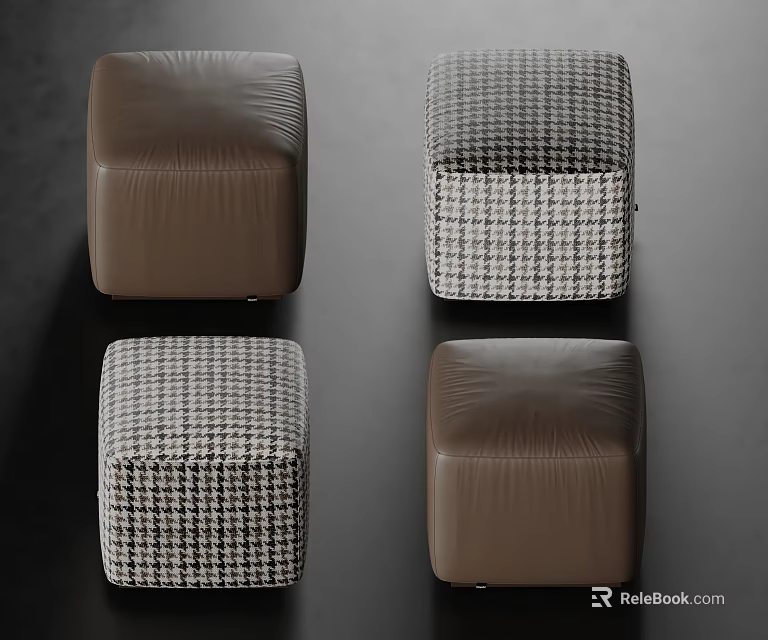 Modern Brown Leather and Houndstooth Pattern Ottomans Set of Four 3d model