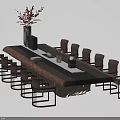 Modern Wooden Dining Table Set With Brown Metal Frame Chairs and Red Flower Vase Decorations