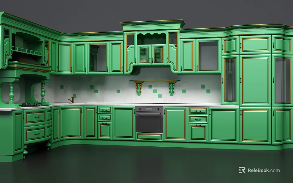 Elegant Green Kitchen Cabinets With Golden Trim Intricate Carvings And Tile Backsplash 3d model 