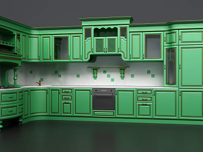Elegant Green Kitchen Cabinets With Golden Trim Intricate Carvings And Tile Backsplash 3d model