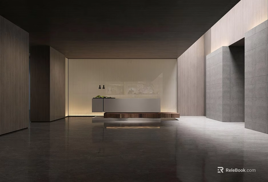 Modern Hotel Lobby Interior With Wooden Walls Reception Desk Polished Floor And Soft Lighting 3d model 