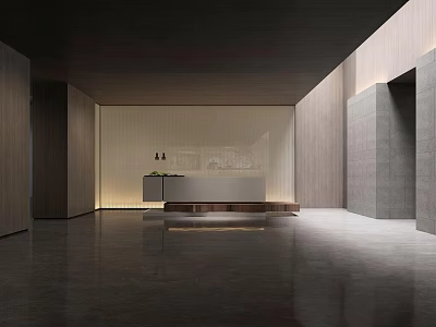 Modern Hotel Lobby Interior With Wooden Walls Reception Desk Polished Floor And Soft Lighting 3d model