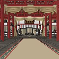 Ancient Architecture Interior With Red Beams Columns Traditional Decorations Wooden Tables And Mats On Floor