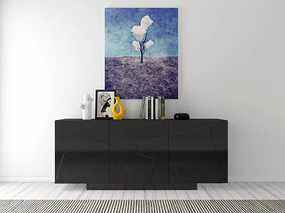 Black Modern Entryway Console Cabinet With Side Cabinet Vase Books And Wall Art 3d model