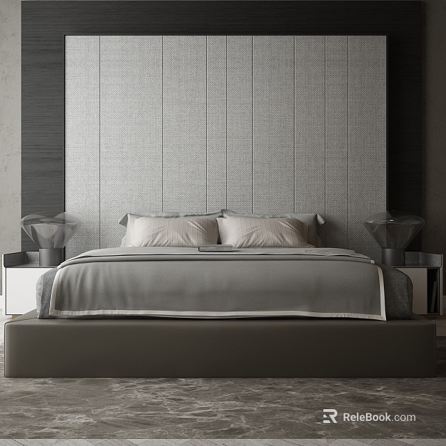 Modern Minimalist Background Double Bed with Grey Headboard Wall Pillows and Bedside Tables Vases 3d model 