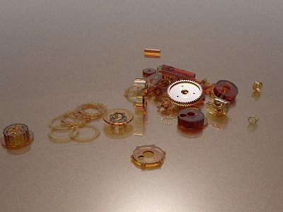 Golden And Red Industrial Equipment Parts With Gears Washers Scattered On Metal Surface 3d model