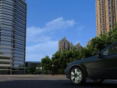 Black Car in Urban Scene with High Rise Buildings Green Trees and Blue Sky 3d model