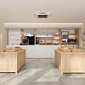 Cozy Dessert Shop Interior With Wooden Display Counter Fresh Bread Green Plant And Yellow Windows