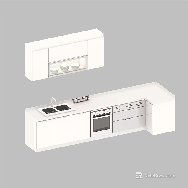 Modern White Kitchen Cabinets With Upper Storage Countertop Sink And Oven 3d model 