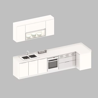 Modern White Kitchen Cabinets With Upper Storage Countertop Sink And Oven 3d model