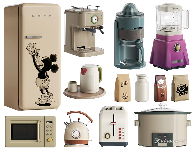 Various Kitchen Appliances Featuring Refrigerator Coffee Maker Blender Kettle Microwave And Rice Cooker 3d model 