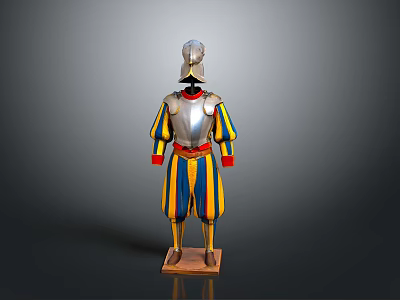 Swiss Guard Uniform With Metallic Armor And Striped Tunic On Display Stand 3d model