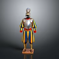Swiss Guard Uniform With Metallic Armor And Striped Tunic On Display Stand