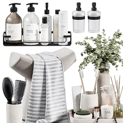 Laundry and Daily Essentials Rack With Bottles Towel Comb Toothbrushes and Plant 3d model