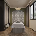 Serene SPA Room Interior With Massage Table White Sheet Patterned Wall Wicker Screens And Window