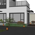 Modern Courtyard Garden With Stone Patio Hanging Chair Lanterns Green Plants And Outdoor Furniture