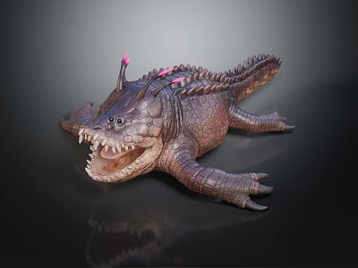 Detailed Aquatic Reptile Like Animal With Scales Pink Horns Open Mouth Sharp Teeth And Claws 3d model