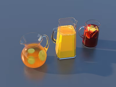 Refreshing Fruit Drinks in Glass Pitchers and Mugs with Citrus Slices and Colorful Liquids 3d model